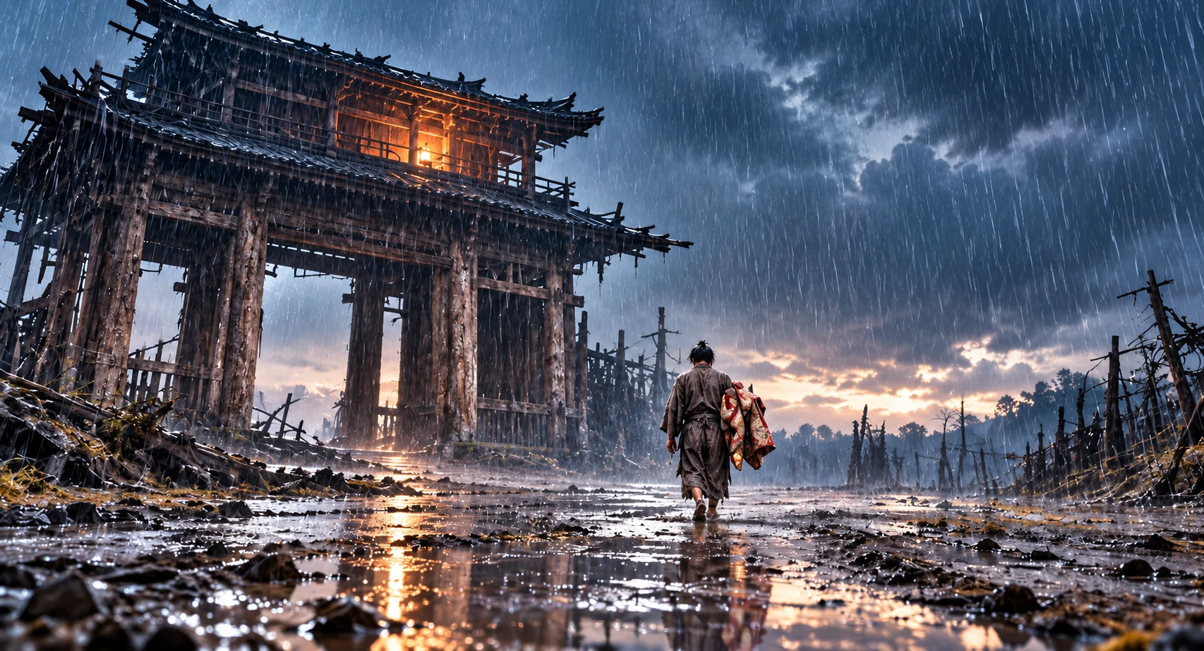 土砂降りの雨の中、女物の着物を抱えて羅生門を離れていく下人の後ろ姿