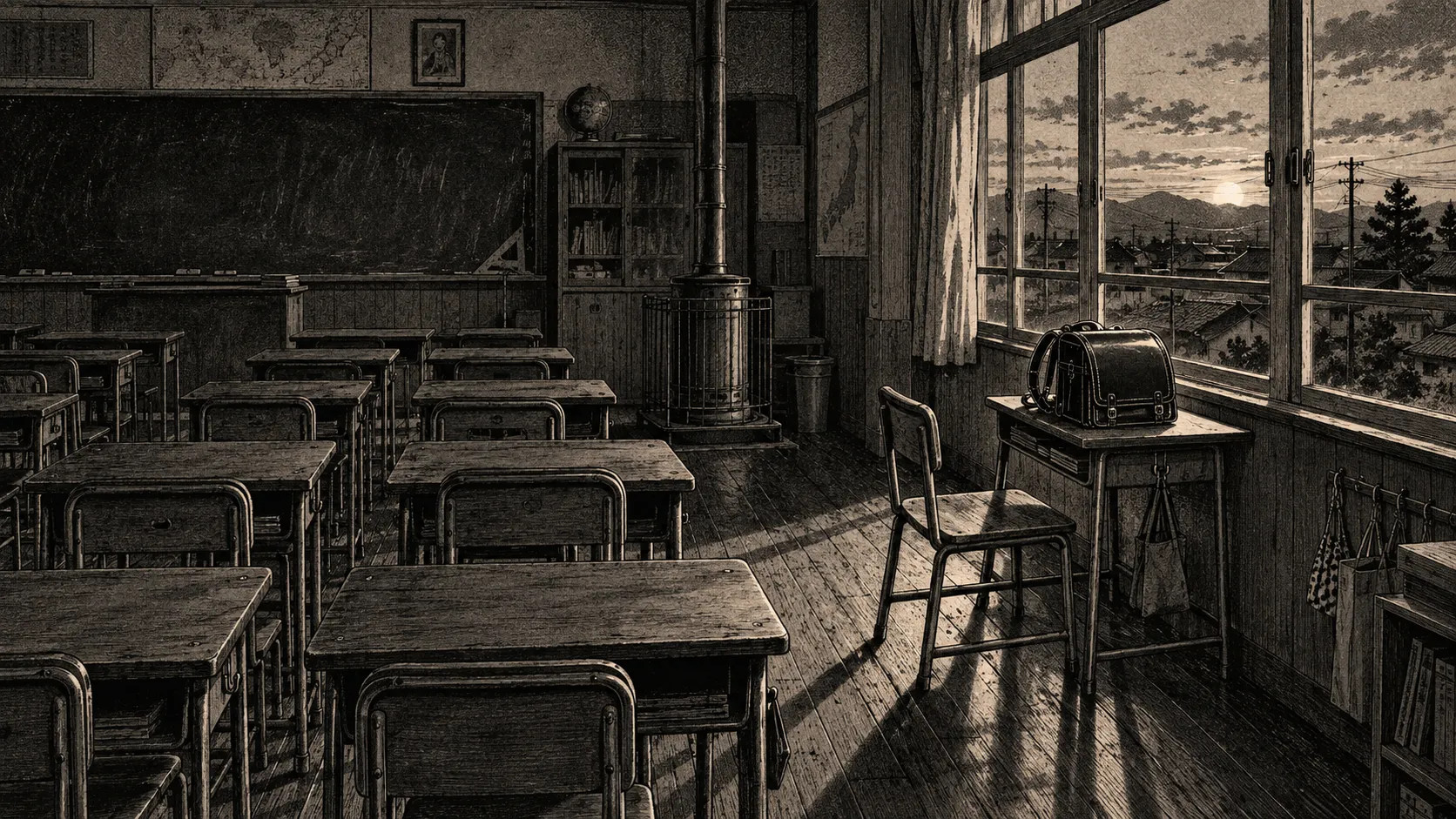 放課後の教室。椅子が引かれたままの、窓際のひとつの席