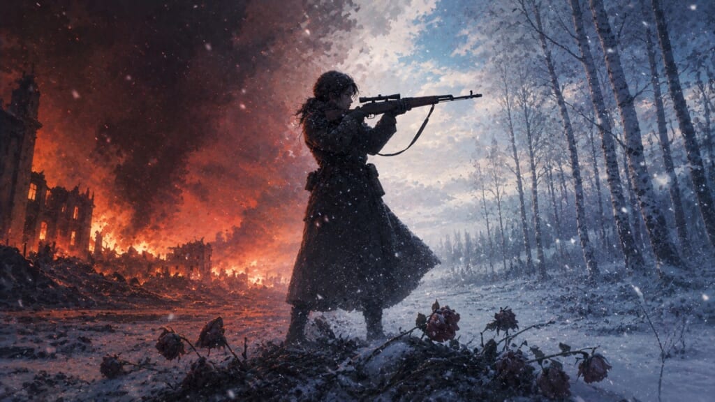 燃える村を背に雪原で銃を構える少女