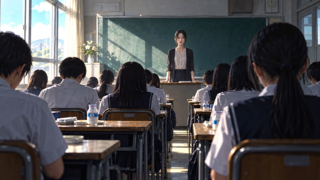 教壇に立ち生徒に語りかける女性教師