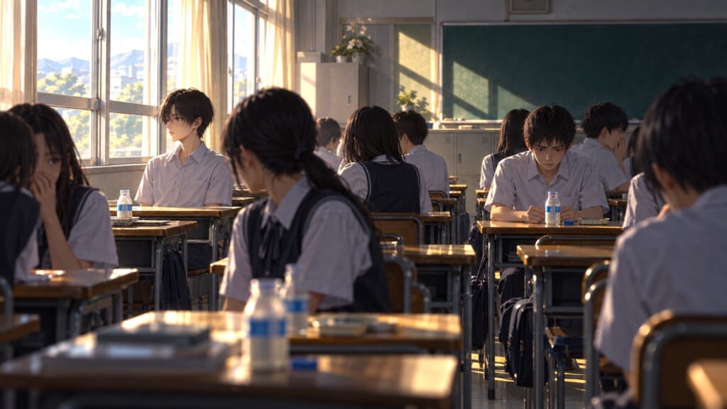 教室の席につく中学生たち