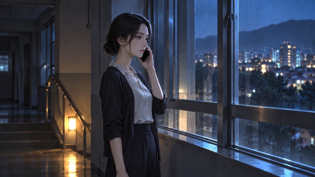 夜の校舎の廊下で電話をかける女性教師