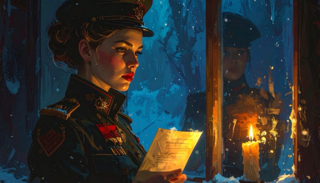 蝋燭の明かりで手紙を読むソ連軍の女性将校