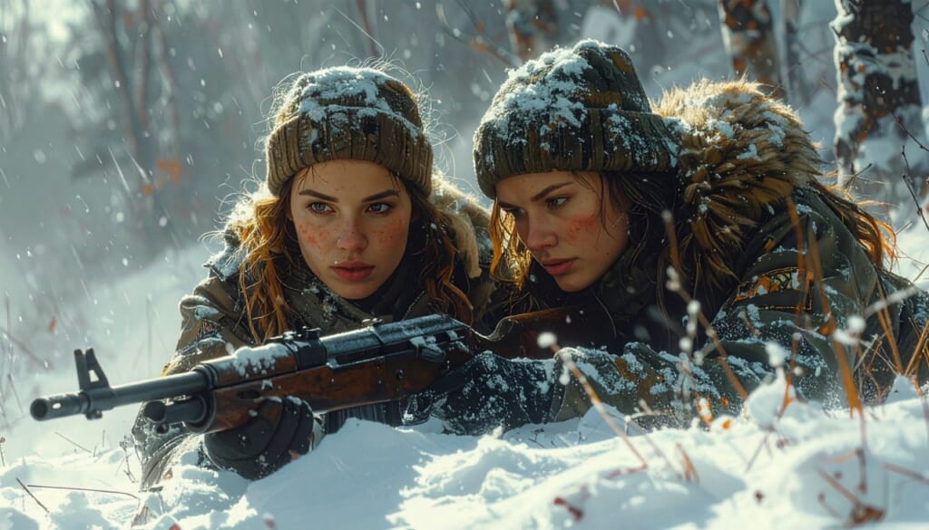 雪に伏せて狙撃する二人の女性兵士