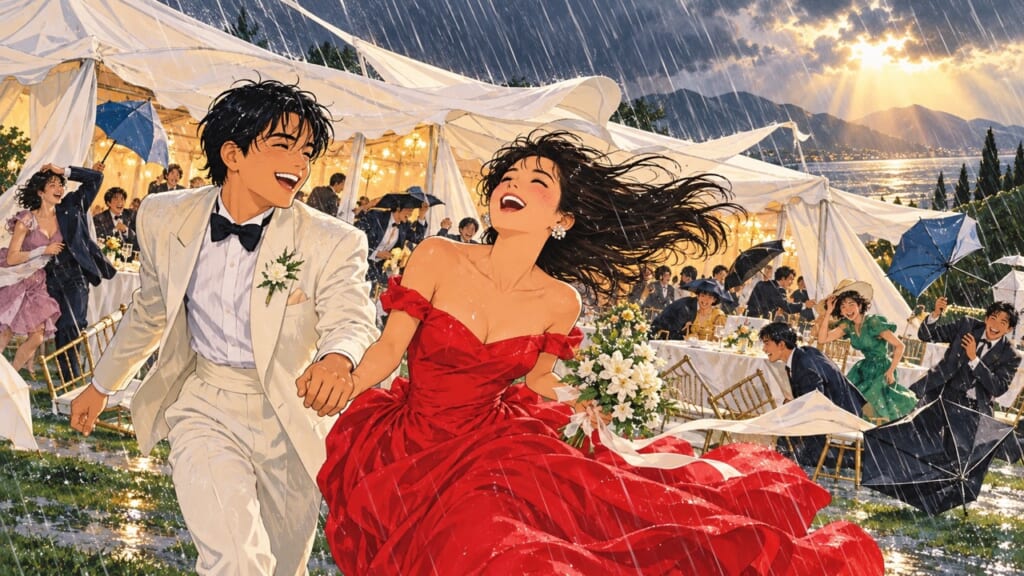 嵐の中で笑っている赤いドレスの花嫁と花婿