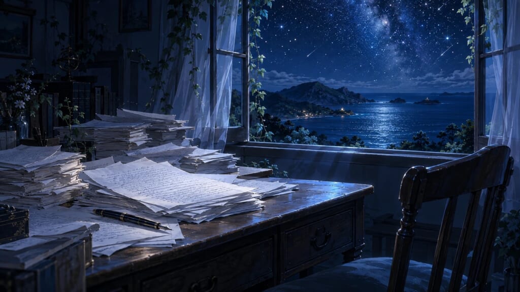 星空の見える窓辺の机に積まれた手書きの原稿と万年筆、空いた椅子のイラスト