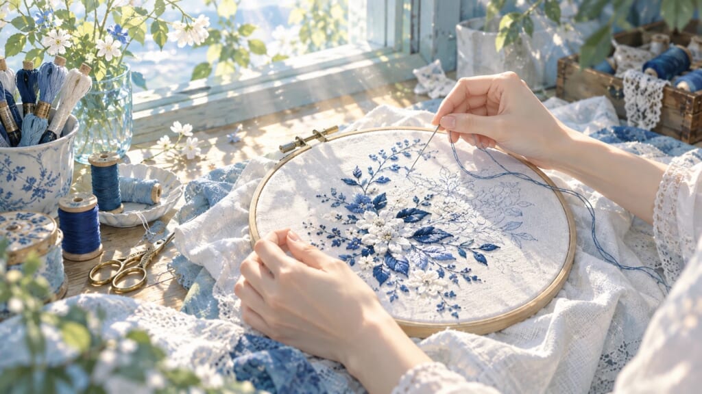 窓辺で藍色と白の糸で刺繍をしている女性の手元のイラスト