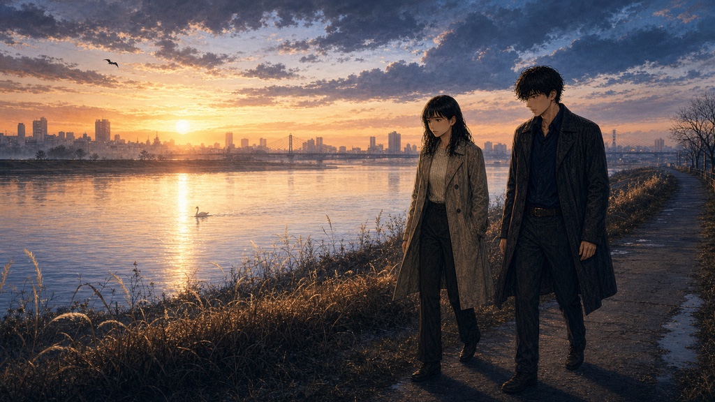 夕暮れの川べりを並んで歩く二人。水面に白鳥——『白鳥とコウモリ』考察イメージ