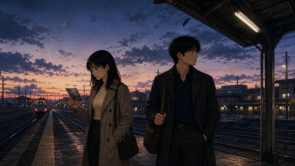 夕暮れの駅のホームに立つ二人——『白鳥とコウモリ』考察イメージ