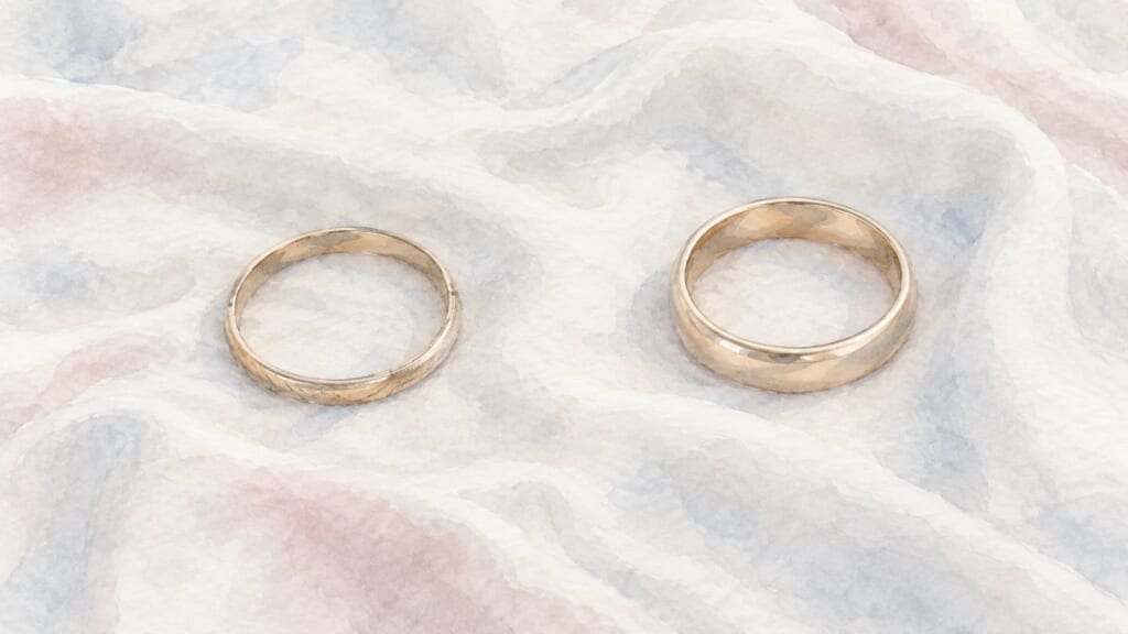 白い布の上に並べて置かれた、古い結婚指輪と新しい結婚指輪のイラスト