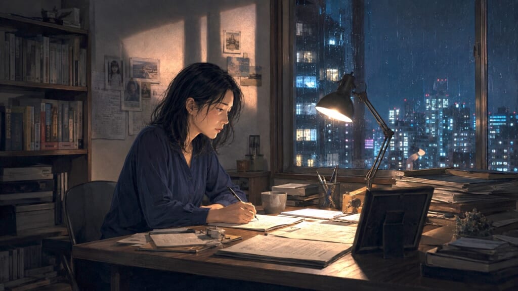夜の机で原稿を書く浜岡小夜子