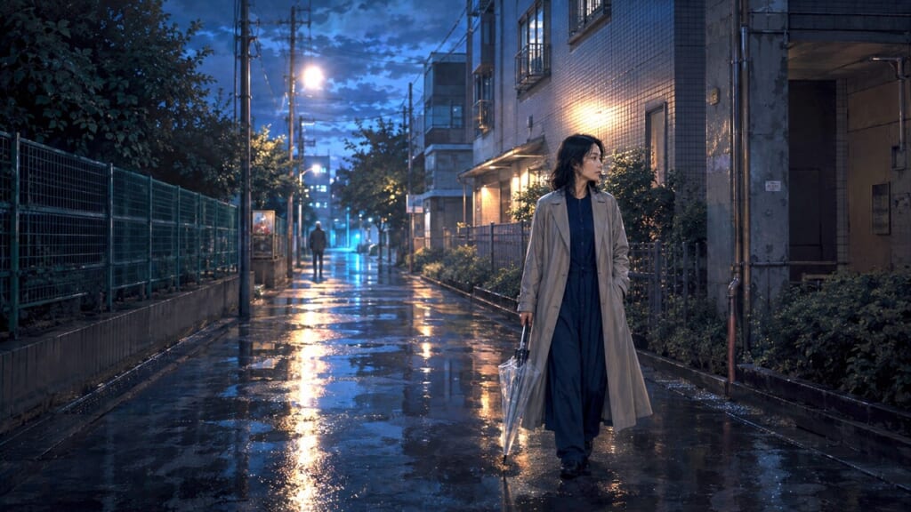 雨上がりの夜道を一人で歩く女性