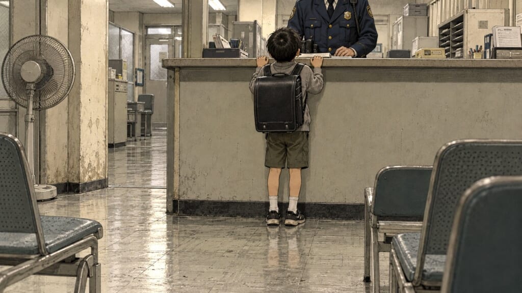 警察署の受付カウンターに一人で立つランドセルの少年