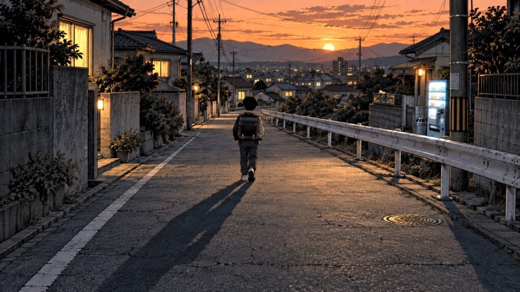 夕暮れの住宅街をひとりで歩く小学生の後ろ姿