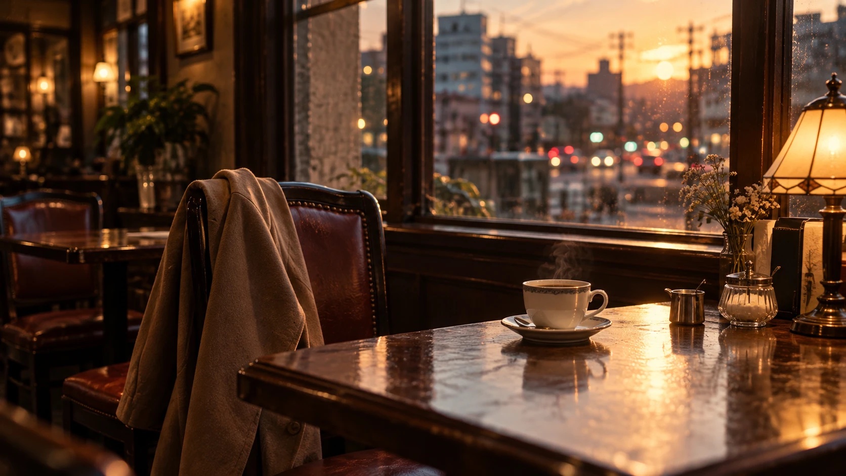 喫茶店の窓際の席にコートがかかり、テーブルにコーヒーカップが置かれている
