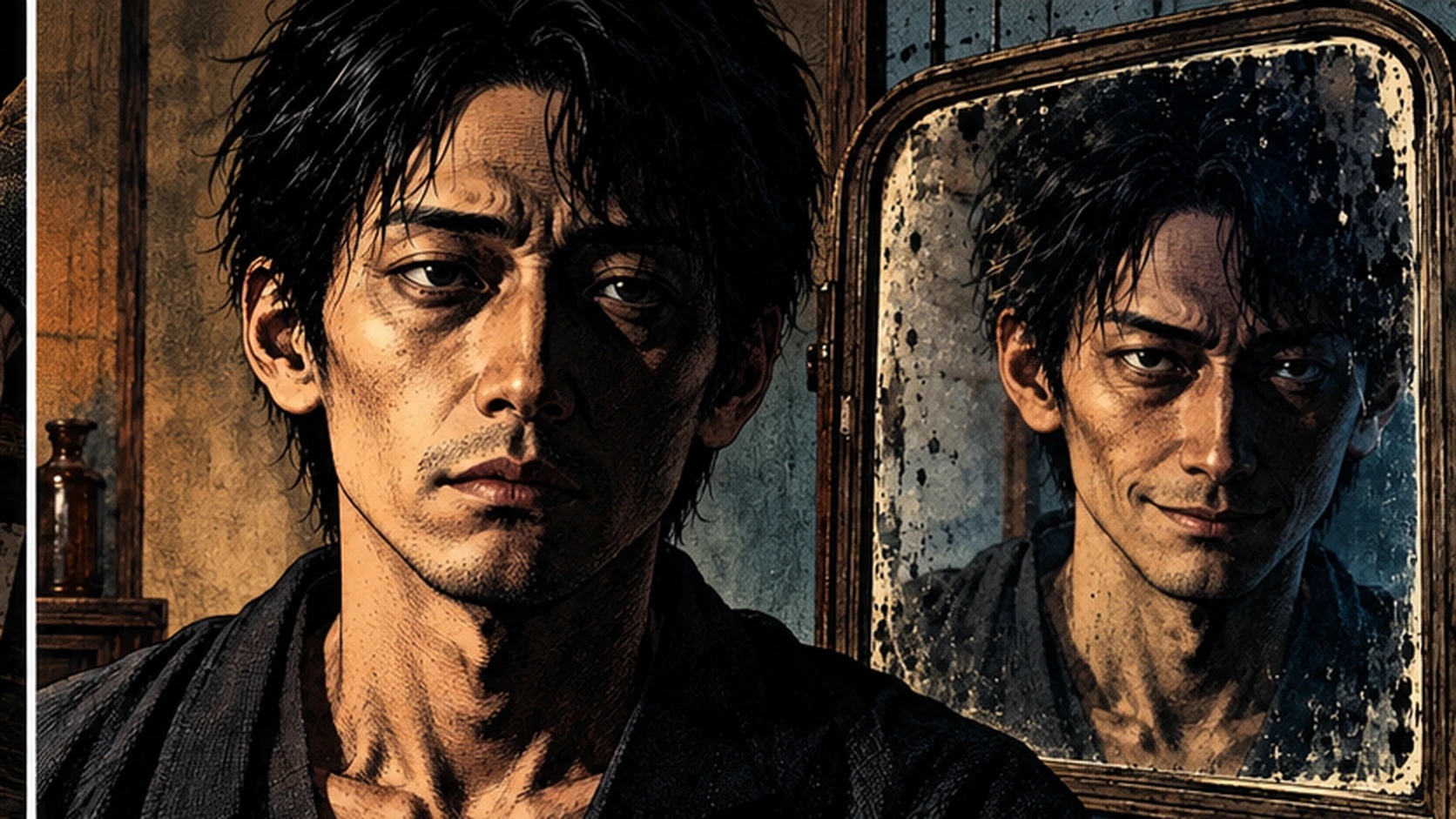 鏡に映った自分と向き合う男を描いた劇画調のイラスト
