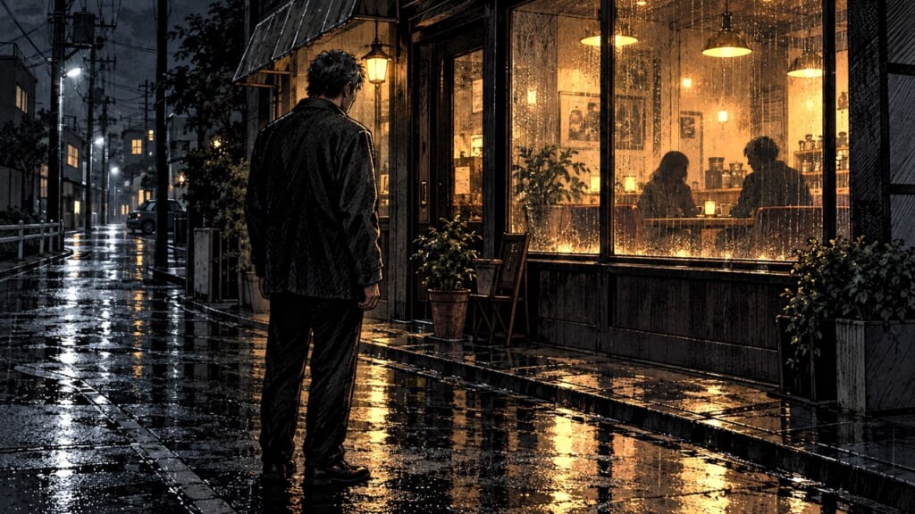 雨の夜、明かりの灯るカフェを外から見つめる男