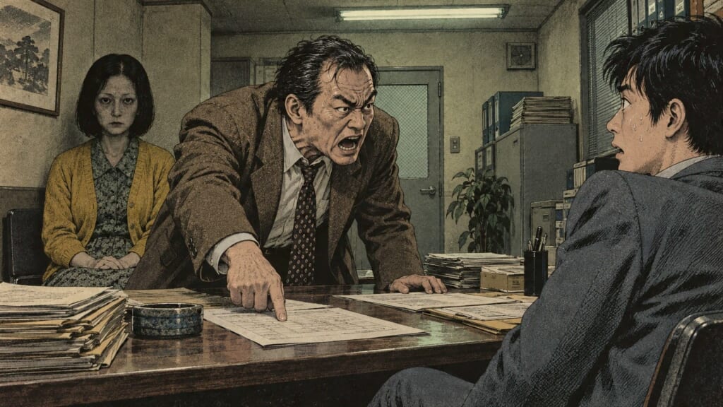 保険会社の応接室で詰め寄る夫と、後ろで黙って座る妻——『黒い家』考察イメージ