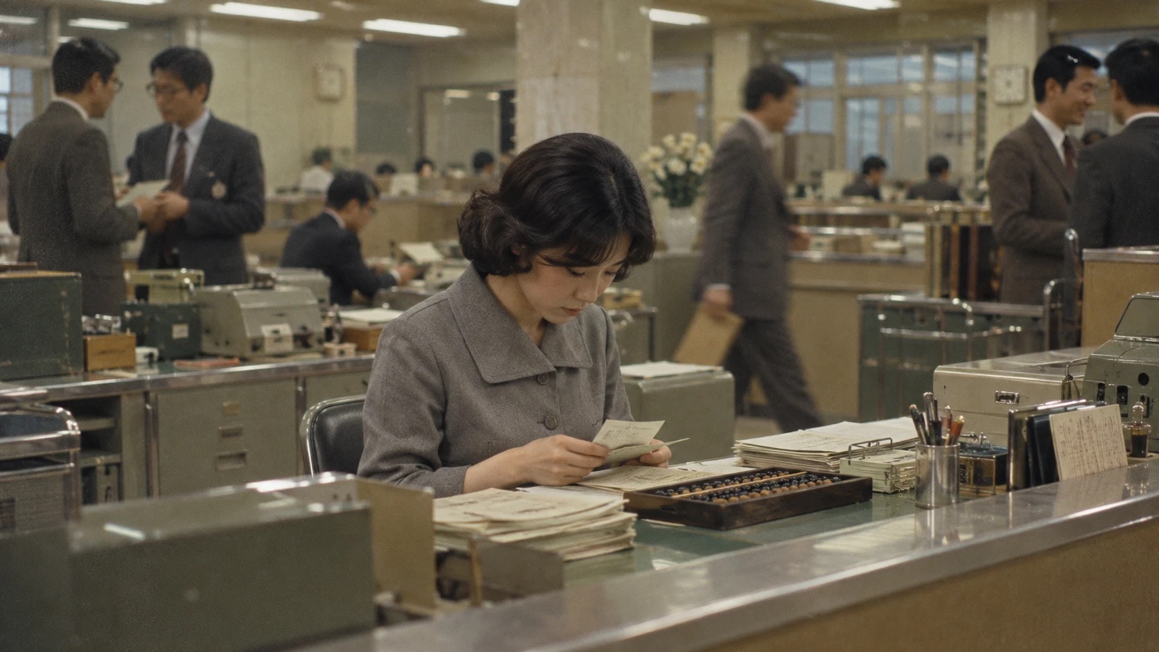 昭和50年代の銀行の窓口で伝票を見る女性行員——松本清張『黒革の手帖』原口元子