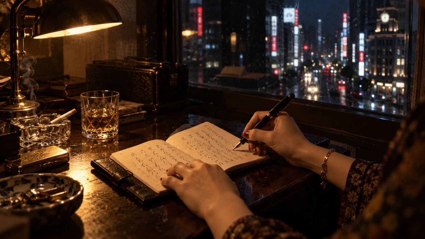 黒い革の手帖に万年筆で書き込む女性の手元と、窓の外の銀座のネオン——『黒革の手帖』