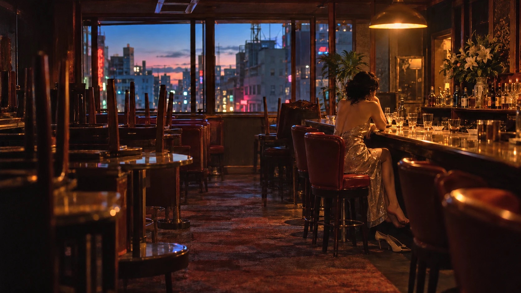 閉店後、椅子が上げられた誰もいないクラブで一人座る女性と、夜明けの東京——『黒革の手帖』