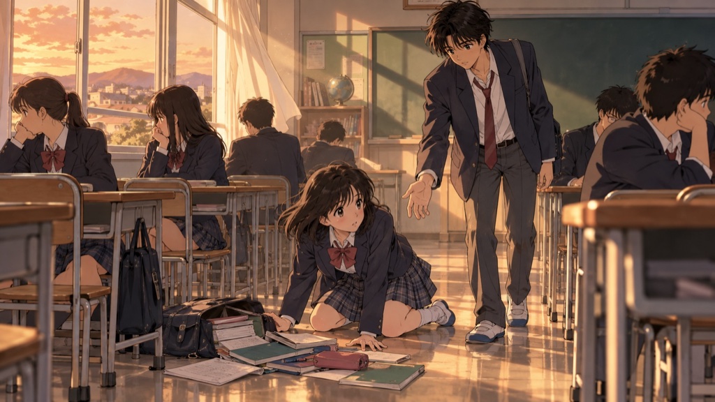 夕方の教室。転んだ女子生徒に、ひとりの男子生徒だけが手を差し出している——『1リットルの涙』考察イメージ