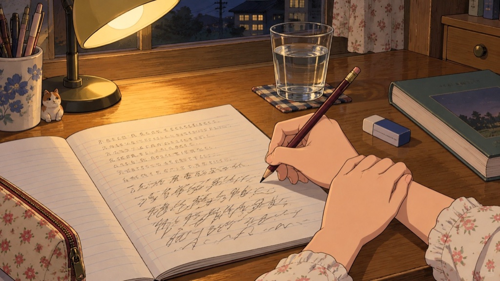 机の上のノートに鉛筆で字を書く手。ページの下へいくほど文字が崩れていく——『1リットルの涙』考察イメージ