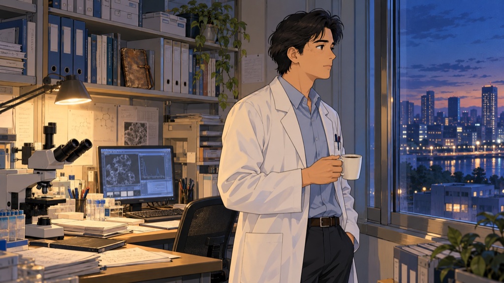 夜の研究室。白衣の男性がコーヒーを手に窓の外を見ている——『1リットルの涙』考察イメージ