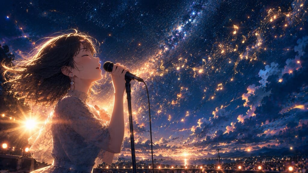 星空の下でマイクに向かって歌う女性