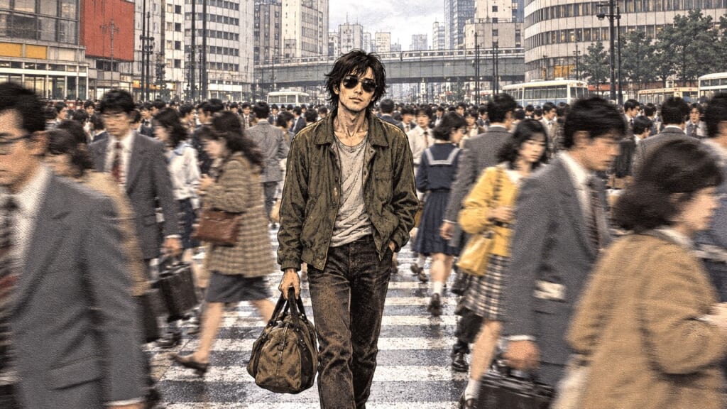 雑踏の中をひとりで歩く男