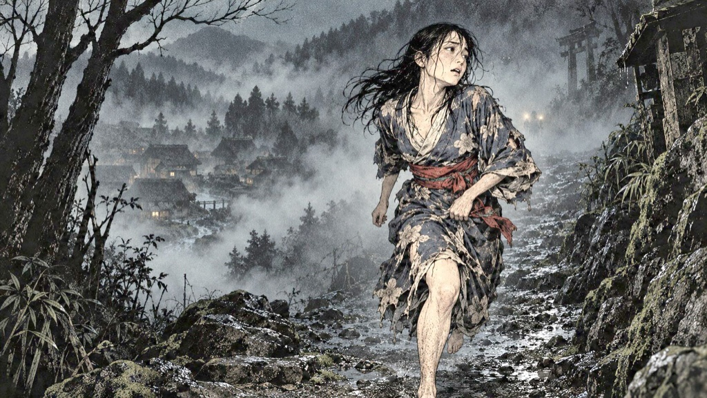 夜の山道を裸足で駆け下りる若い女。奥の谷に村の灯り——『八つ墓村』考察イメージ