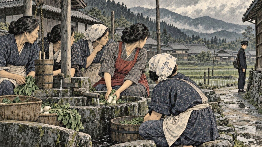 昼間の村の井戸端。身を寄せて話す女たちと、離れて立つ学生服の少年——『八つ墓村』考察イメージ