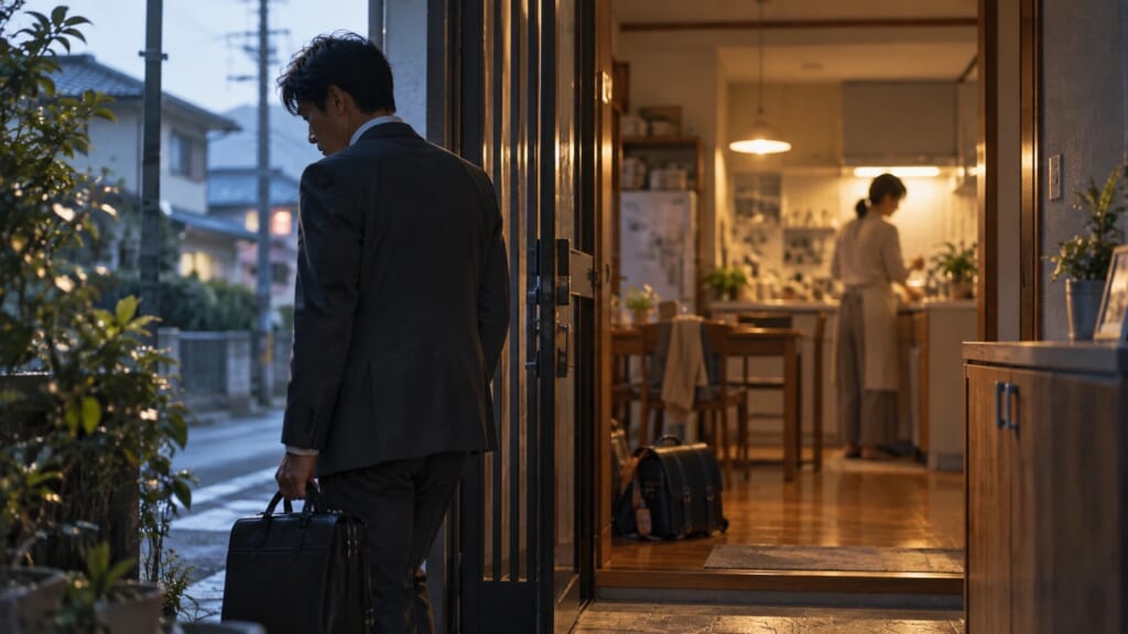 朝、玄関を出る会社員の男と、奥の台所に立つ妻——東野圭吾『夜明けの街で』考察イメージ