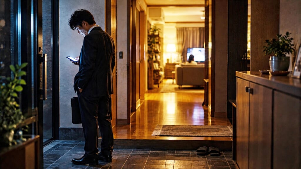 夜、自宅の玄関先でスマートフォンを見る男と、奥の明るいリビング——『夜明けの街で』