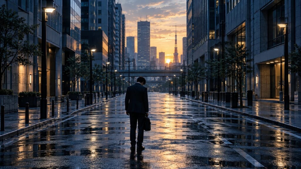夜明けの東京のビル街に一人立つスーツの男の後ろ姿——東野圭吾『夜明けの街で』