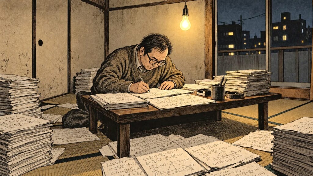深夜、裸電球の下で数式を書き続ける男——『容疑者Xの献身』考察イメージ