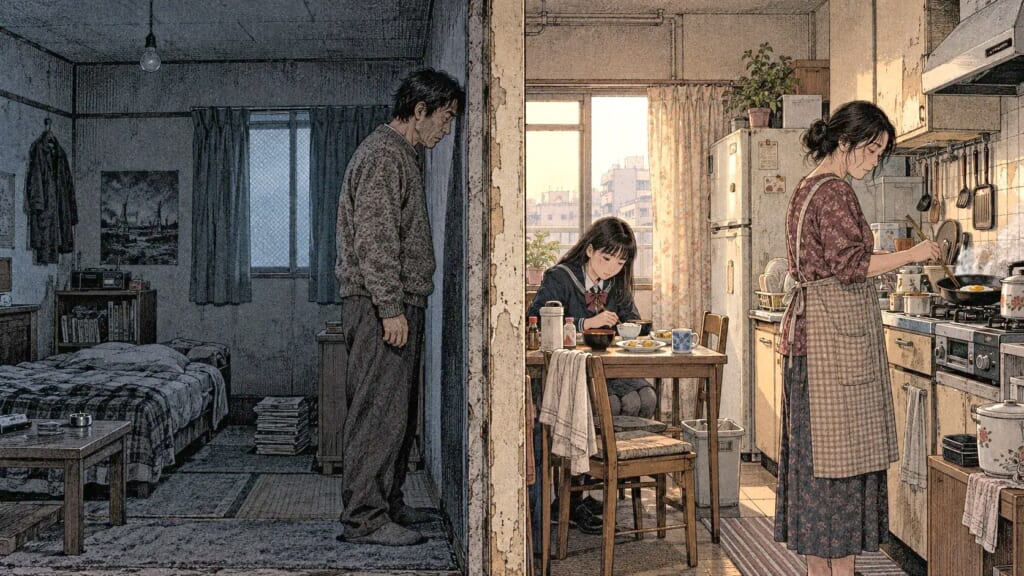壁一枚へだてた二つの部屋。片側は暗く、片側は朝の光——『容疑者Xの献身』考察イメージ