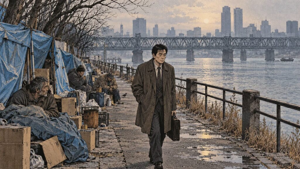 朝の河沿いを歩く男と、並ぶ青いテント——『容疑者Xの献身』考察イメージ