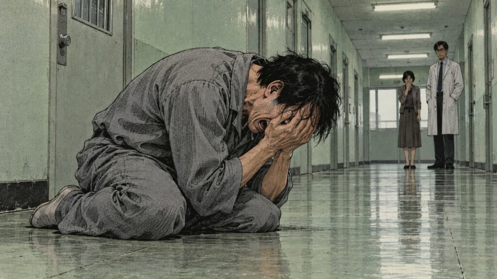 廊下で崩れ落ちる男と、離れて見ている二人——『容疑者Xの献身』考察イメージ