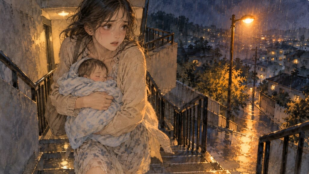 雨の夜、赤ん坊を抱いて階段を降りる女性