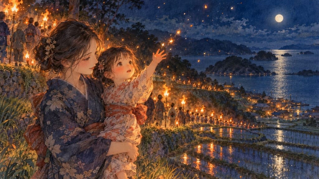 島の虫送りの夜、火の粉に手を伸ばす子ども
