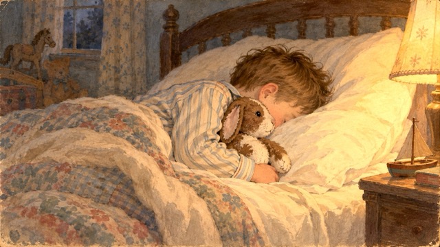 ベッドで男の子に抱かれて眠るビロードのうさぎ